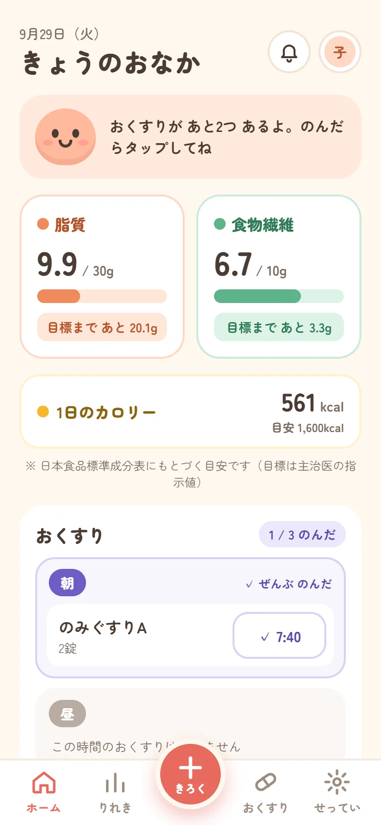 アプリのホーム画面。きょうの脂質・食物繊維・カロリーの合計と、おくすりのチェック欄が並んでいる
